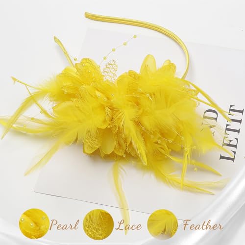 Image of DRESHOW Womens Fascinators Hats Tea Party Hats for Women Pearl Lace Feather Hat Vintage Derby Hats for Wedding Cocktail