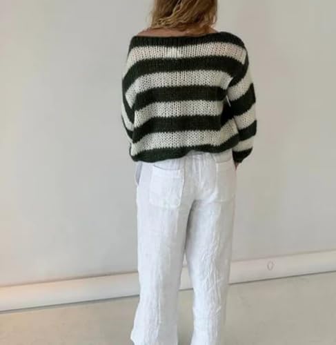Image of Cioatin Women Long Sleeve Lightweight Striped Colorblock Knit Sweater Pullover Oversized Sheer Off Shoulder Shirt Tops Green