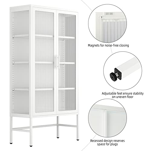 Tall Sideboard Cabinet Cold-Rolled Steel Storage Cabinet Double Glass Door Sideboard Buffet Cabinet Locker With Adjustable Shelf Metal Legs For Living Room Home Kitchen (White) #TOP3