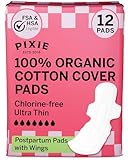 Pixie Organic Cotton Ultra Thin Postpartum Pads for Women - Extra Heavy Absorbency with Wings - Leak-Proof, Hypoallergenic & Unscented for Feminine Care - Compostable, Biodegradable - 12 Count