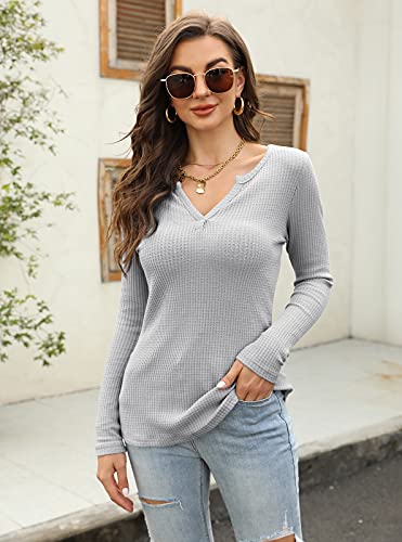 Image of Farktop Womens Long Sleeve Tops Henley V Neck Lightweight Pullover Sweaters | Casual, Loose Fit, Fall, Winter, Warm, Waffle Knit Shirts