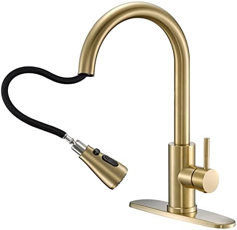 FLOTECH Commercial Faucets for Kitchen Sinks High Arc Single Handle Gold Pull Down Kitchen Sink Faucet with Pull Out Sprayer,Fit for 1 or 3 Hole with Deck Plate, RV Stainless Steel Sink Faucet