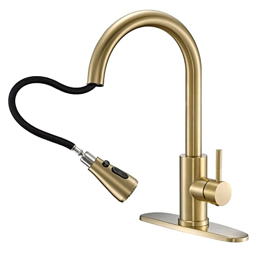 Flotech Commercial Faucets For Kitchen Sinks High Arc Single Handle Gold Pull Down Kitchen Sink Faucet With Pull Out Sprayer,Fit For 1 Or 3 Hole With Deck Plate, Rv Stainless Steel Sink Faucet #TOP3