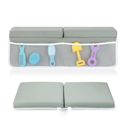 PandaEar Baby Bath Kneeler & Elbow Rest Pad, Comfortable Non-Slip Kneeling Mat Cushion with Toy Organizer Storage Pockets, Foldable Foam Mat for Toddler Bathroom Bathing Time (Grey)