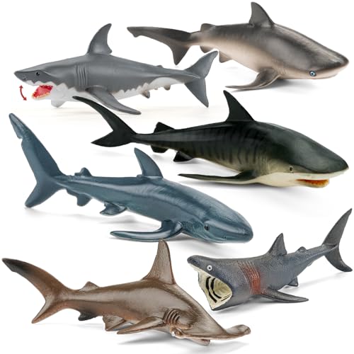 THINKBAY 6PCS 5-7" Realistic Shark Figurines Toy for Toddlers 3-5 5-7, Large Ocean Animal Bath Toys for Kids Ages 4-8, Sharks Cake Toppers & Birthday Party Favors & Gifts for Boys & Girls