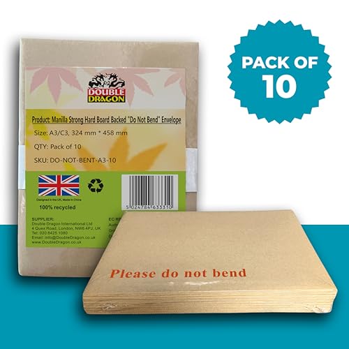 Double Dragon 10er-Pack A3 C3 Manilla Versandtaschen mit harter Rückwand | 457 mm x 324 mm | Mit Aufdruck „Bitte nicht knicken“ | Gepolstert & manipulationssicher | Selbstklebender Verschluss