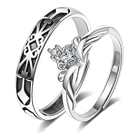 Couples Matching Promise Rings for Women, Men, Her, Him, Best Friend - Set of 2 Adjustable Engagement Wedding Rings, Gift Wrap Cover