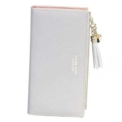 Image of SUMGOGO Wallets for Women Slim Clutch Purse Handbag Card Holder Womens Long Tassel Zipper Pocket Fashion Taiga Leather Billfold Wallet (Gray)