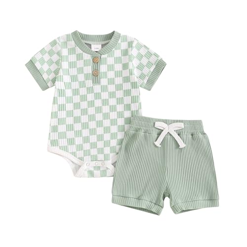 Image of Newborn Baby Boy Girl Clothes 3 6 9 12 18 Months Ribbed Knit Short Sleeve Romper Shorts Set Infant Summer Outfits