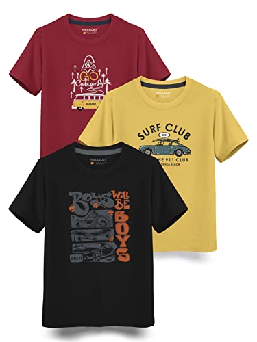 Image of HELLCAT Boys Round Neck Printed Blended Cotton Tshirt -Combo Pack of 2 - Orange /Blue