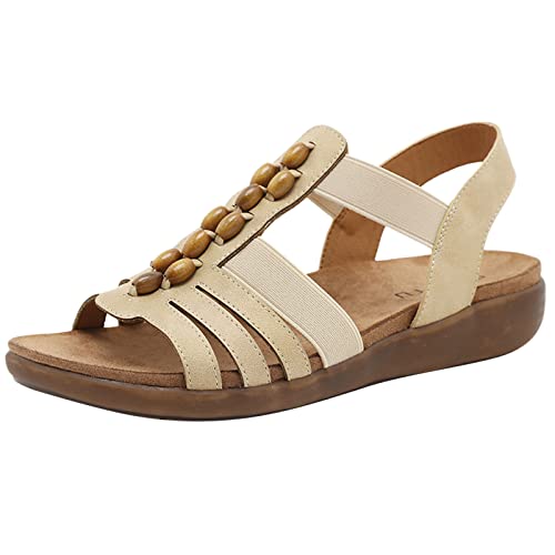 Zapatos de natación de verano, con nuevo patrón de moda, sandalias vintage con cuentas cómodas, parte inferior plana, zapatos de playa, sandalias planas para mujer, beige, 6 UK 3X-Narrow