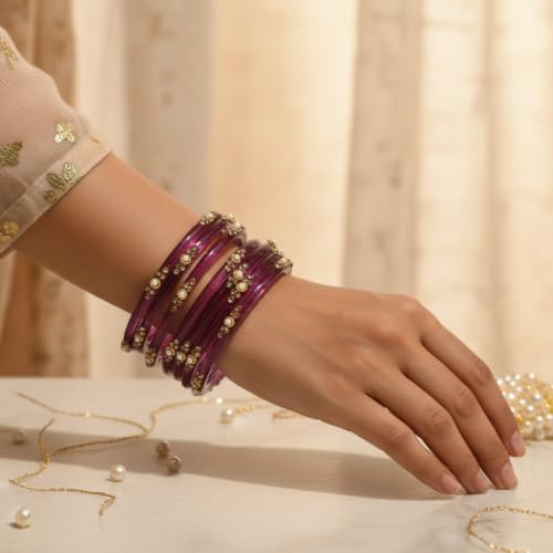 Image of SUNDRAM Women's Premium Fancy Glass Bangles for Women & Girls |with Zircon Gemstone Work & Charm| Traditional Ethnic Bangles Set of 12