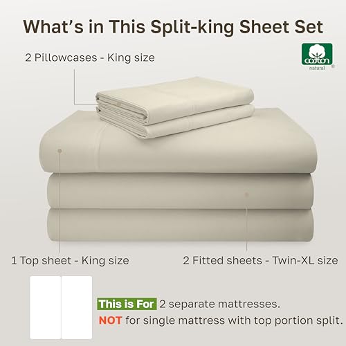 Image of California Design Den Split King Sheet Set - 100% Cotton, 600 Thread Count Sateen, Breathable Luxury King Size Sheets for Adjustable Bed, Luxury Soft Hotel Quality Sheets - Ivory (Warm Cream)