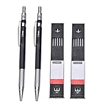 Eshylala 2 Pack 2.0 mm Lead Holder Metal Mechanical Pencil Automatic Mechanical Drafting Pencil for Draft Drawing,Carpenter,Crafting, Art Sketching + 24 Leads (Black)