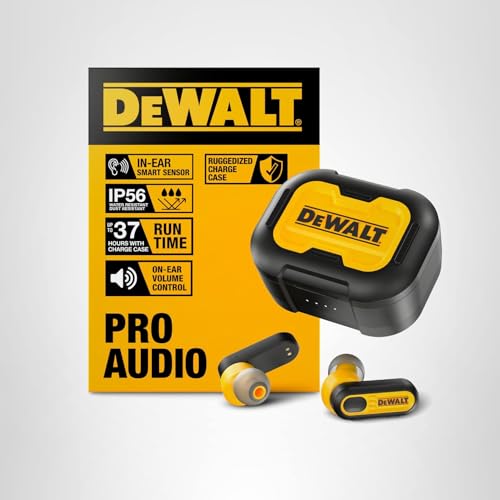 DEWALT Heavy Duty True Wireless Ear Buds, Bluetooth Headphones with Type C Charging Case Included, Over 37 Hours of Battery Life, Easy Setup for iPhone, Perfect for Jobsite, Outdoor Work, Yellow