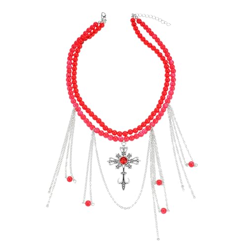 GYRMMUE Gothic Halloween Necklace for Women,Vintage Red Black Crystal Beads Tassel Necklace Punk Style Dark Cross Strawberry Choker Halloween Necklace Jewelry Costume (Red1)