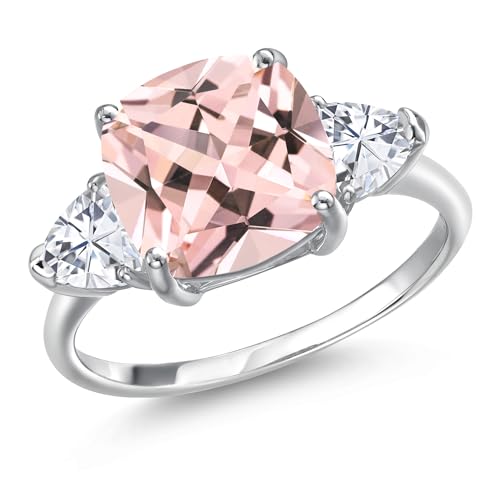 Gem Stone King 10K White Gold Peach Nano Morganite and White Moissanite Engagement Ring For Women | 5.26 Cttw | Cushion 10MM | Gemstone October Birthstone | Available in Size 5,6,7,8,9