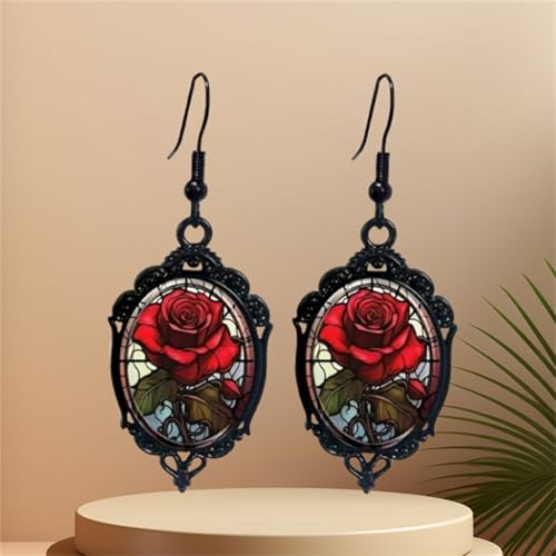 Gothic Rose Cameo Dangle Earrings,Vintage Crystal Glass Flower Drop Earring Dark Punk Style Rose Earring Victorian Mystic Jewelry Accessories for Women3