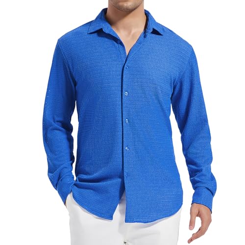 Esabel.C Mens Knit Button Down Shirt Hollow Out Button Up Shirt Long Sleeve Fashion Casual Dress Shirts for Men,Royal Blue,XL