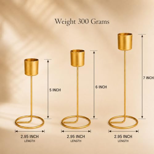 Image of (Set of 6) Gold Metal Taper Candle Holder - Decorative Modern T-Light Stand for Home Decor, Table Centerpiece, Wedding & Festival Decoration, Elegant Golden Stick Holders