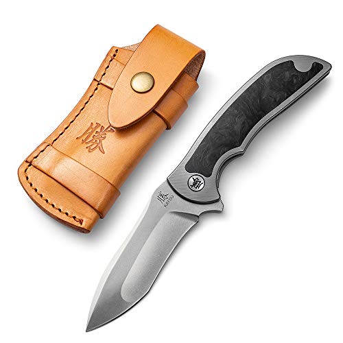 KATSU Folding Camping Japanese Knife, Titanium & Carbon Fiber Handle, Frame Lock, EDC Knife w/ S35VN Steel Stonewashed Multi-Ground Blade, Pocket Clip, Leather Sheath