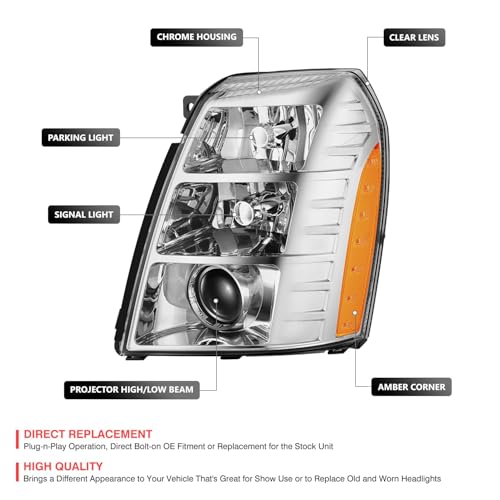 DNA MOTORING Pair Projector Headlights Compatible With 2007-2014 Cadillac Escalade ESV 2007-2013 Escalade EXT 2007-2013, Chrome/Amber, HL-OH-CE07-CH-AM - Image 3