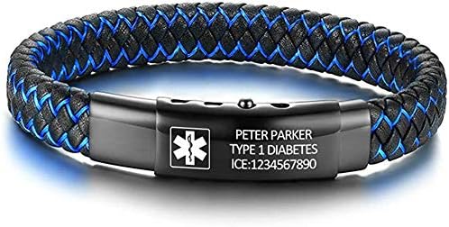 VNOX Custom Personalized Medical Alert Wide Genuine Leather ID Tag Adjustable Wristband Bracelet for Men,6.7"-8.7"