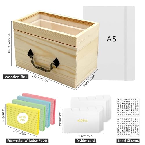 Daily Treasures Karteikarten-Set aus Holz, 200 farbige Karteikarten (12,7 x 7,6 cm) & 10 Karten-Trennwände und 2 Aufkleber-Etiketten, Karteikarten-Organizer mit transparenter Oberseite, ausziehbares