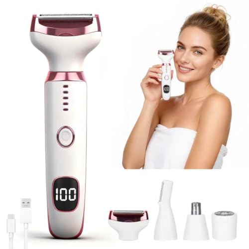 Beanify Electric Razors or Women Men, 2026 Wet/Dry Lady Electric Shaver,4 in 1 LED Display Hair Remover with IPX7 Waterproof,Smooth & Silky Portable Bikini Electric Grooming Set (Multicolor Pink)