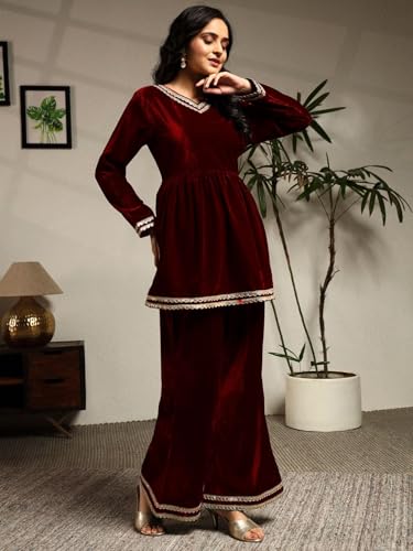 Image of Leriya Fashion Velvet Kurti Set for Woman | Short Kurti for Women | Co ord Set for Women Stylish Party Suit | Ethnic Office Everyday Wear & Casual Look | A Line Kurta Set for Woman