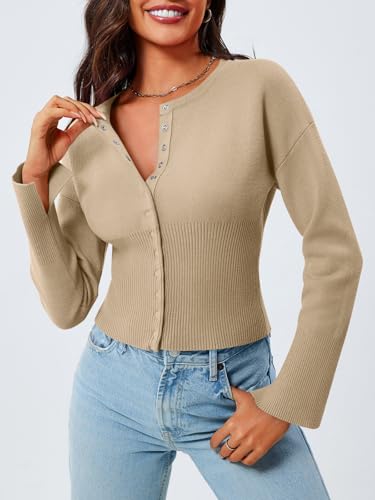 Image of Saodimallsu Womens Cropped Sweaters Cardigan | Button Down,Long Sleeve,V Neck,Ribbed Knit,Slim Fit ,Pullover Crop Tops