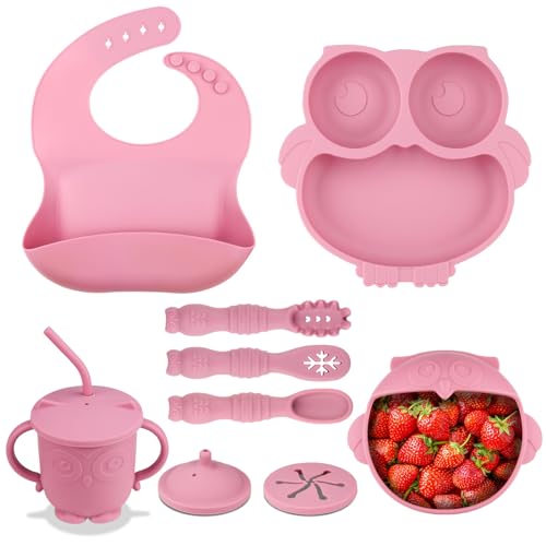 Image of Silicone Baby Feeding Set, 12 PCS Baby Led Weaning Supplies with Suction Baby Plate and Bowl Set, Baby Spoon and Fork, Adjustable Bib, Sippy Cup with Straw and Lid, Baby Utensils for 6+Months（Pink）