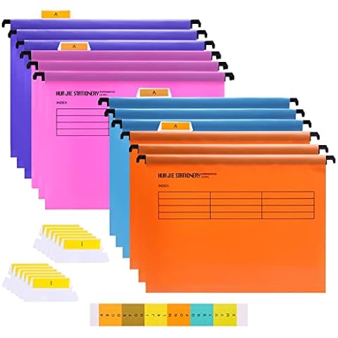 [Pack of 12] A4 Suspension Files with Tabs and Card Inserts for Filing Cabinets (4 Colour) Polypropylene A4 Hanging Filing Folders for Office Home Cover