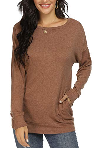 YSYOKOW Womens Casual Loose Shirts Long Sleeve Blouses Tunic Tops with Pockets(Brown, 3X-Large)
