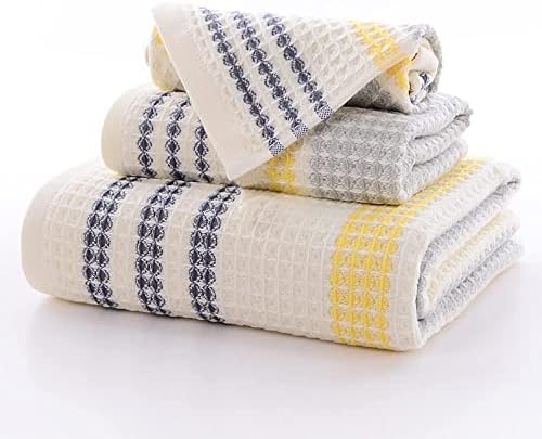 Thin Waffle Towel for Bathroom 100% Cotton Quick Drying Yellow Grey Black Striped 1 Bath Towels 1 Hand Towels 1 Washcloths for Face Body Light Weight Ultra Soft Highly Absorbent Adult Travel Towel Set