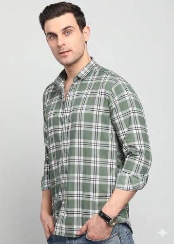 Image of Yuvawear, Men's Full Sleeve Checkered Casual Shirt, Blue, Green, and Cream Plaid Pattern