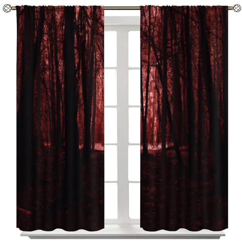 SHElifestyle Gothic Dark Red Forest Curtains, Haunted Creepy Landscape Forest Window Treatments Spooky Horror Halloween Trees Window Drapes for Bedroom Living Room W84 X L84