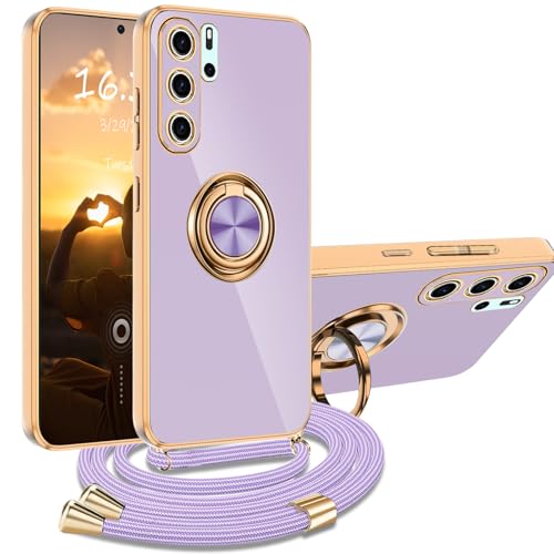 Cover per Huawei P30 Pro con Cordino, Custodia Huawei P30 Procon Tracolla, Case Antiurto 360°Metallo Ring Kickstand Litetettiva Auto,Cover per Huawei P30 Pro con cord - Viola