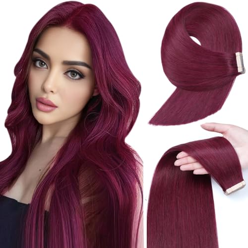 Image of 20 Inch Human Hair Extensions Tape in, 20Pcs Burgundy Real Straight Tape ins for Women Straight Invisible Seamless Skin Remy Tape in Hair Extensions Human Hair(99J#, 20 Inch)