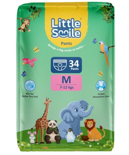 Image of Baby Diapers Pant Style | Size - M - 34 (Pack of 1) | Odorless and Antibacterial Layer with Urine Indicator (34 Pieces)