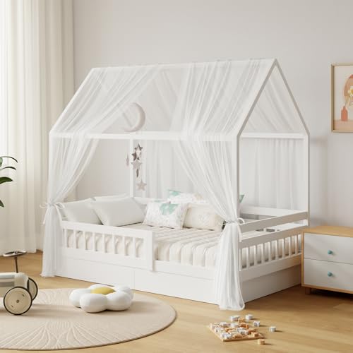 GFCC Ciel de Lit Cabane pour Maison Lot de 2 Pièces Décoration Voile Lit Cabane Blanc pour Chambre d'enfant,Rideau Voilage 150x350cm pour Fille Garçon