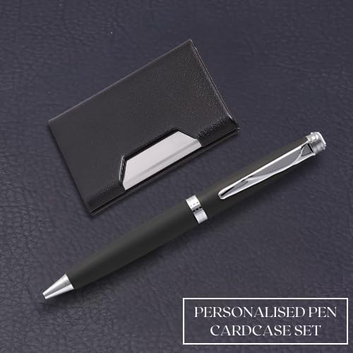 Image of 2-in-1 Card Holder and Metal Pen Gift Set, Black Leather Steel Business Card Case, Corporate Gift Set (Black)