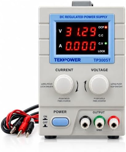 Tekpower TP3005T Variable Linear DC Power Supply, 0-30V @ 0-5A with Alligator Test Leads
