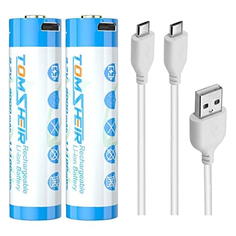 TOMSHEIR 2 Pack 3.7V Rechargeable Batteries with Micro-USB Port Cable 3000mAh Battery for Flashlights, Camera, Headlamps, Doorbells, RC Cars, Sound Equipment Cover