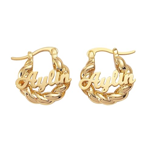 Personalized Mini Name Hoop Earrings – 18K Gold Plated Custom Name Bamboo Hoop Earrings, Dime Size, Elegant Personalized Jewelry Gift for Women, Daughter, Granddaughter, and Loved Ones (Mini twist hoop)