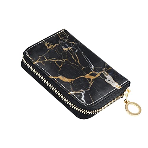 Black Marble with Yellow and White Veins Agate Ripples Luxury Paint Grey Credit Card Coin wallet, RFID Blocking Compact Women Leather Card Holder, Key Change Organizer, Zipper Purse Clutch Pouch