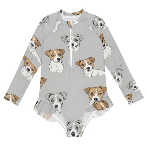 ALAZA Swimsuit for Girls Long Sleeve Rashguard Bathing Suit Dog Head Gray Quick Dry 4T