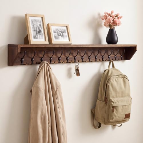 Geelin 60 Inch Wall Shelf with Hooks and Shelf Organizer Wall Mount Coat Rack with 14 Triple Hooks for Hanging for Entryway, Hallway, Bathroom, Living Room, Bedroom