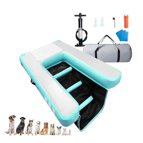 Small Dog Boat Ramp for Pool/Dock/Beaches, Inflatable Pool Float Platform for Dogs Up to 60kg, Foldable & Reusable Dog Raft Water Floating Ramp, with EVA Non-Slip Pad(Green,150L x 100W x 10H cm)