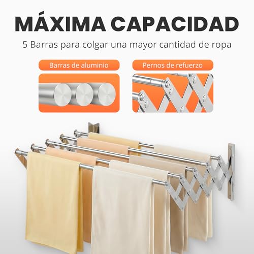 Miniatura 3 de Jupplies Tendedero Extensible Pared 160cm - Tendedero Plegable De Pared De Interior O Exterior Apto Para Todo Tipo De Ropa Con 5 Barras De Secado - 10 Pinzas Incluidas